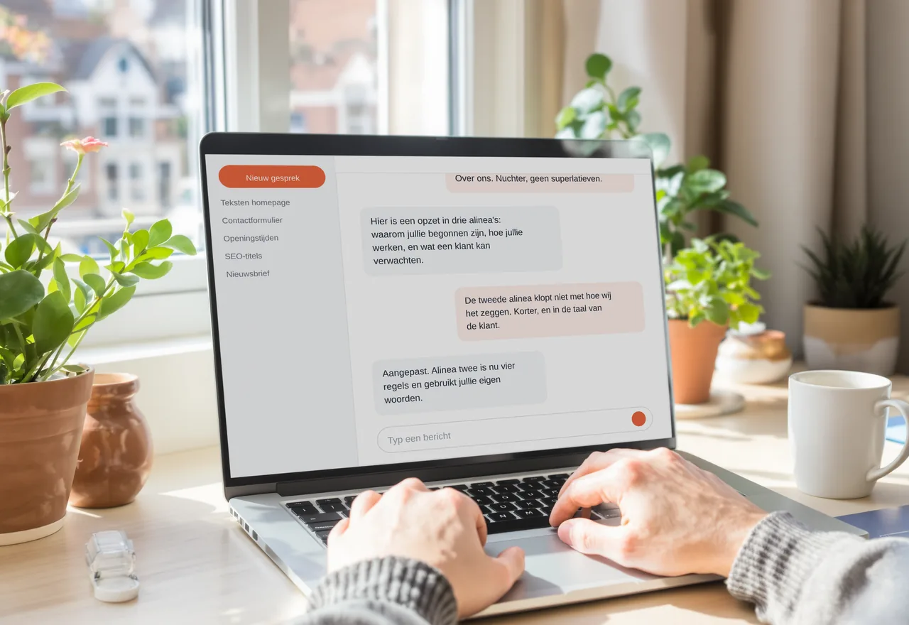 Een laptop met een AI-gesprek op het scherm, waarin een tekstvoorstel wordt bijgestuurd